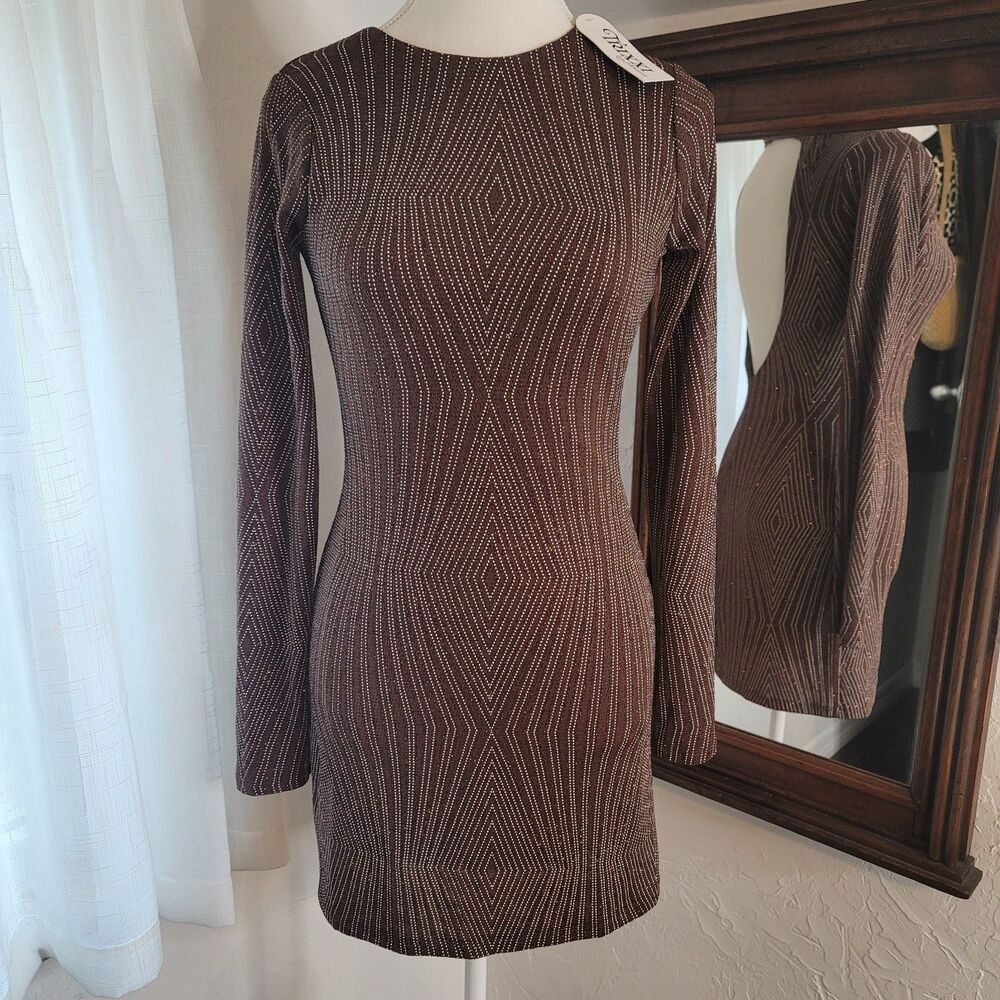 Trixxi Metallic Bodycon Dress Open Back Long Sleeve Copper Sparkle Shimmer NWT